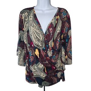 Roz & Ali Paisley Faux Wrap Top Women 14/16 Multi Color Boho Artsy Blouse